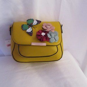 Crossbody Bag 3D Floral Pattern Faux Leather Mustard